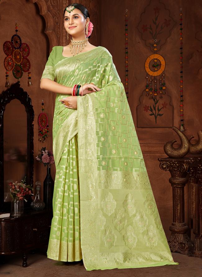 Cotton Silk Pista Green Traditional Wear Weaving Saree